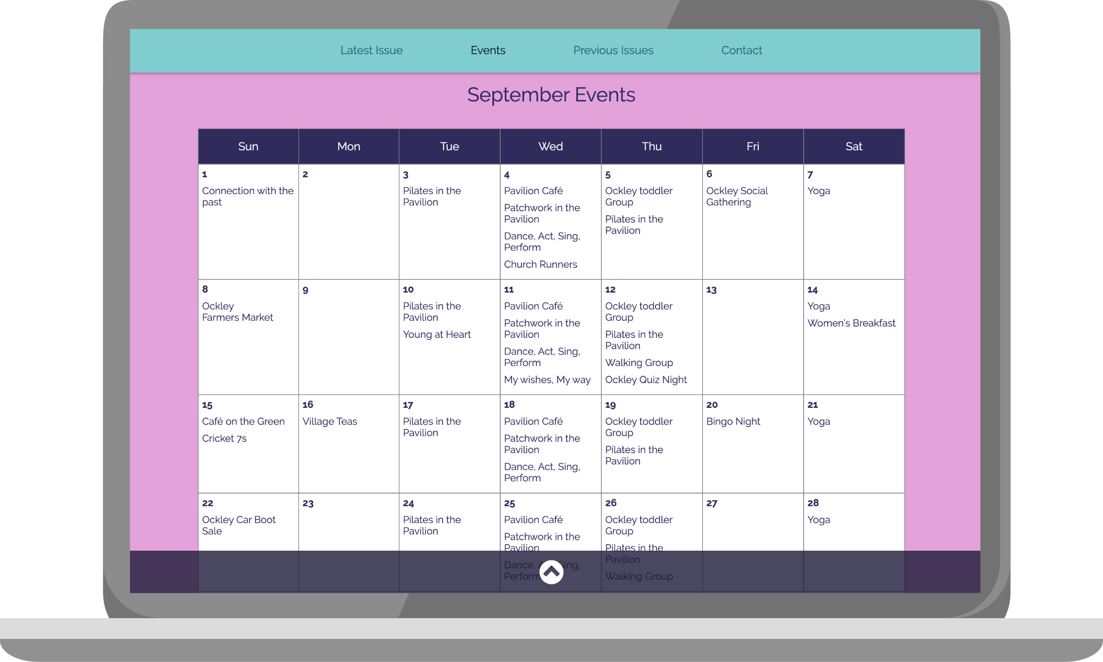 The calendar view on the Ockley Magazine website on a laptop