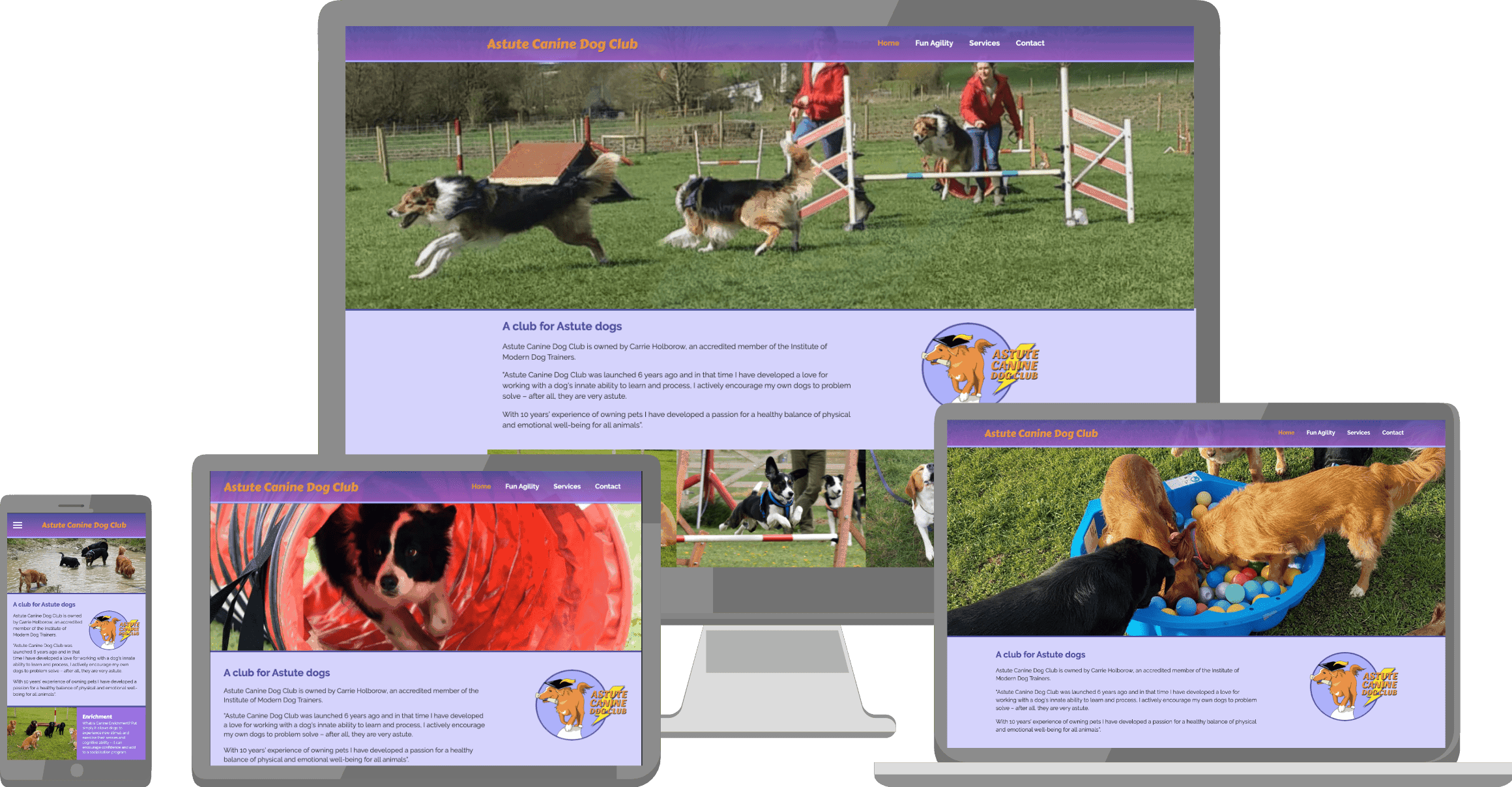 Astute canine Dog Club's website displayed on a variety of devices