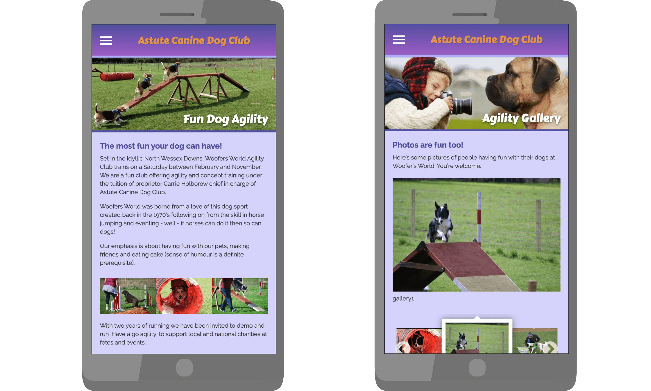 Astute Canine Dog Club website on smart phone screens
