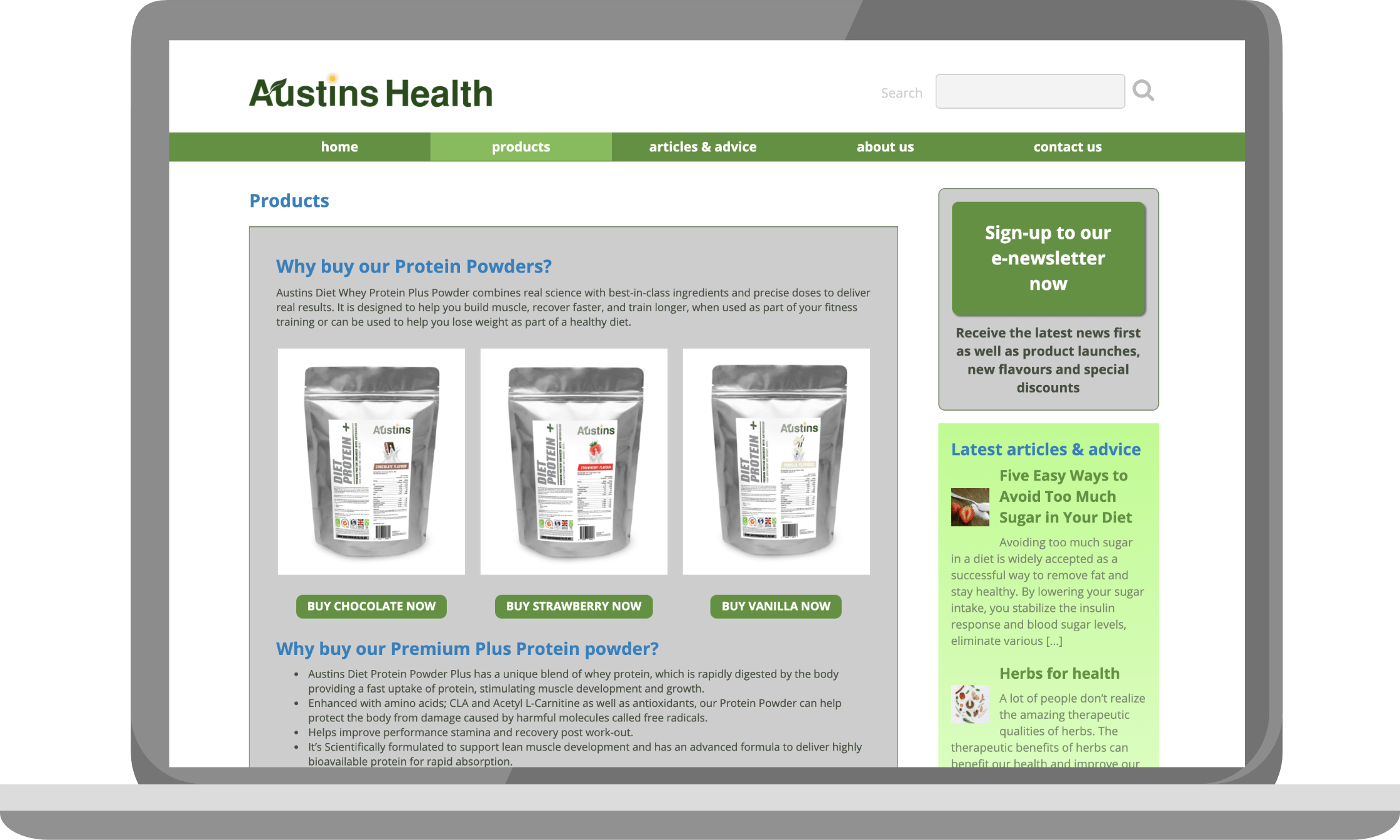 Products page of Austins Health on a laptop