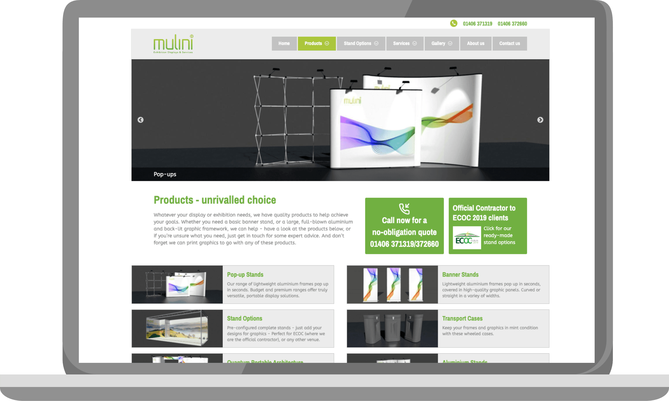 Mulini Exhibitions products page on a laptop