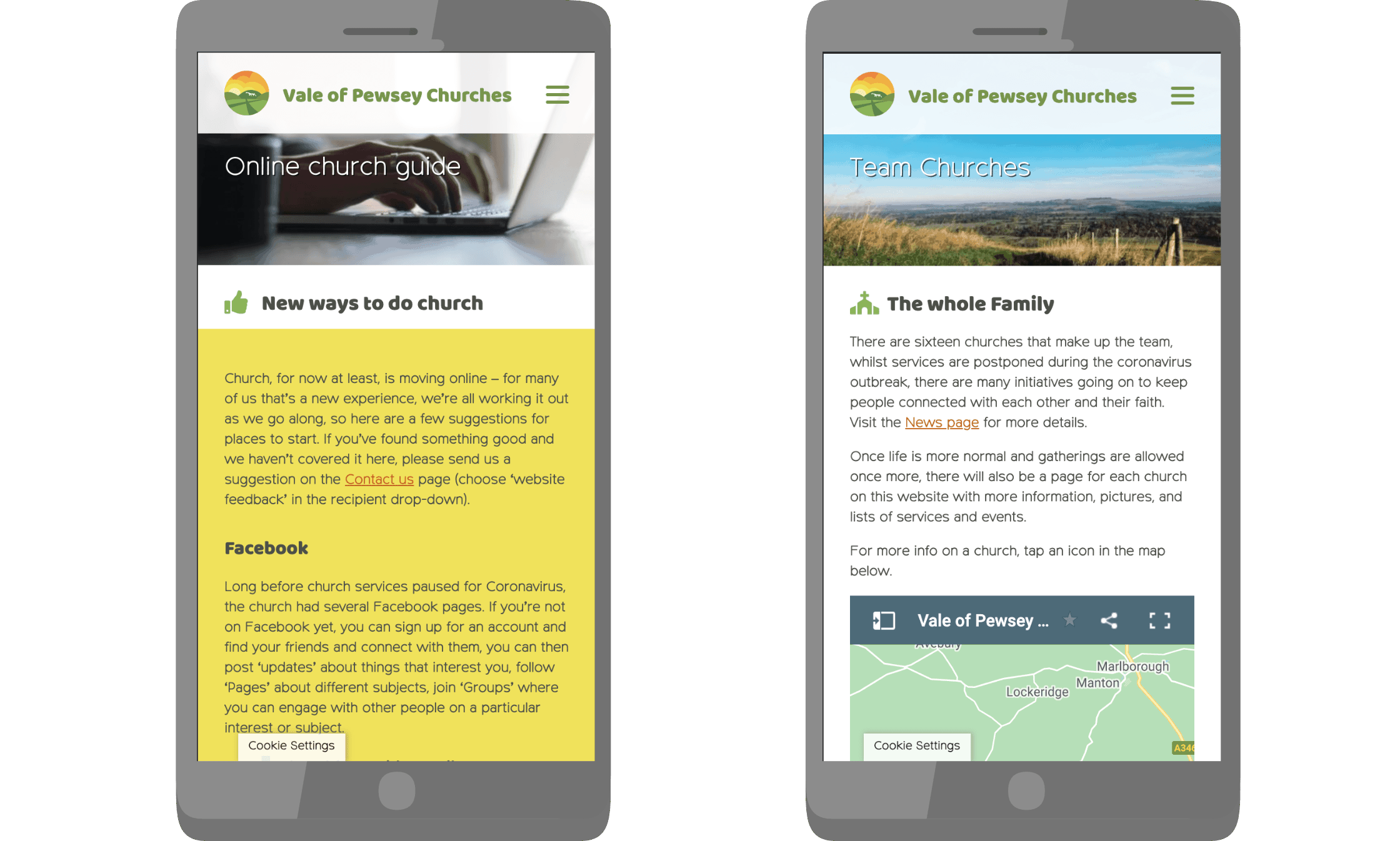 Vale of Pewsey website 'Online Guide' and 'Map' pages on smartphones